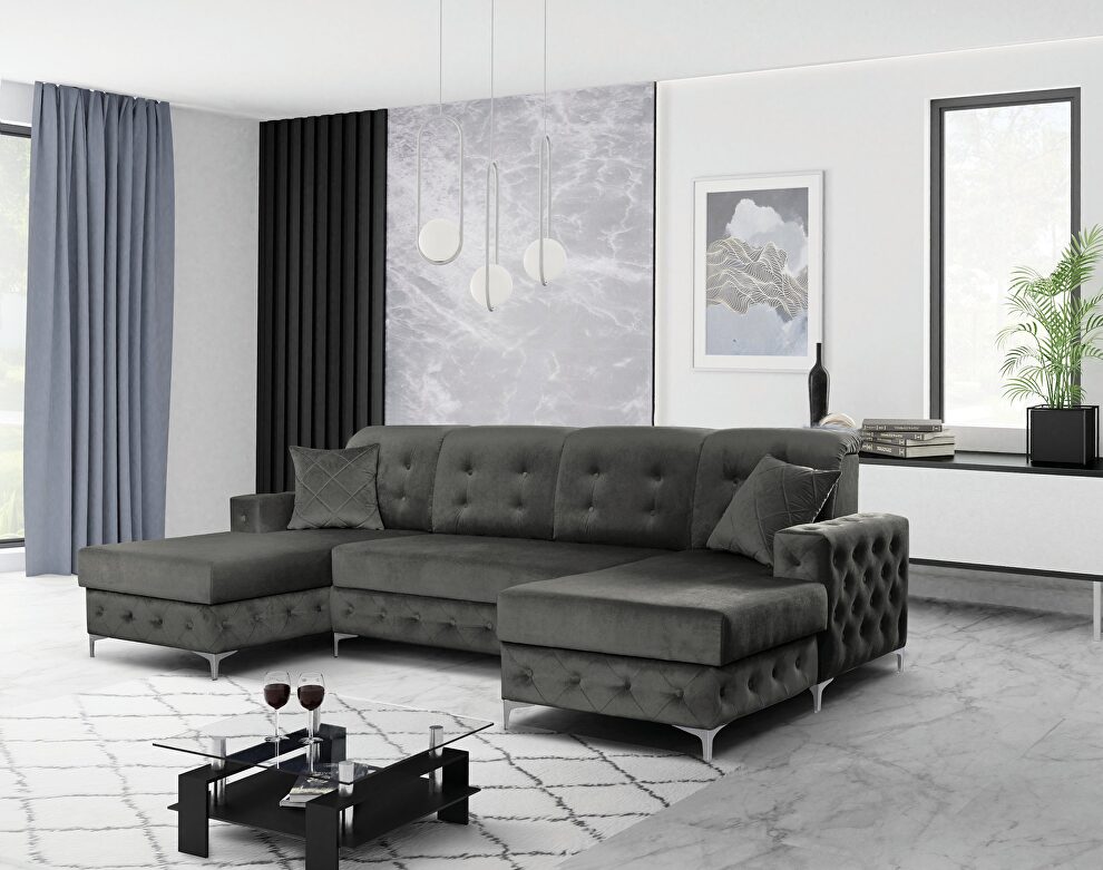 Velvet gray fabric 2 storage sectional sofa w/ double chaise by Skyler Design