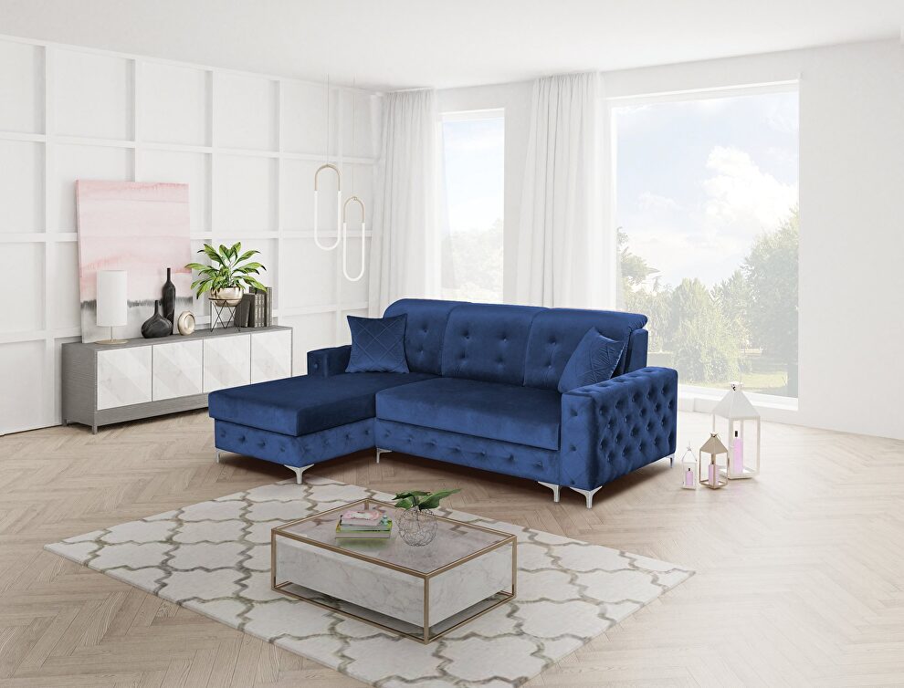 Tufted button design sleeper sectional sofa in blue by Skyler Design