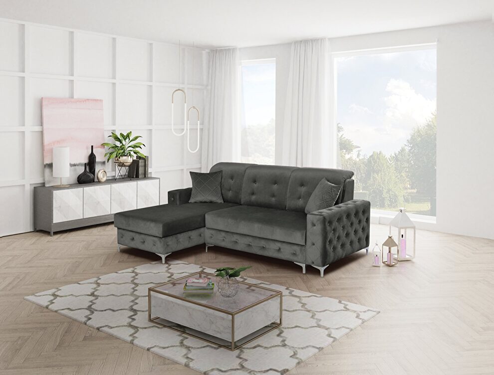 Tufted button design sleeper gray sectional sofa by Skyler Design