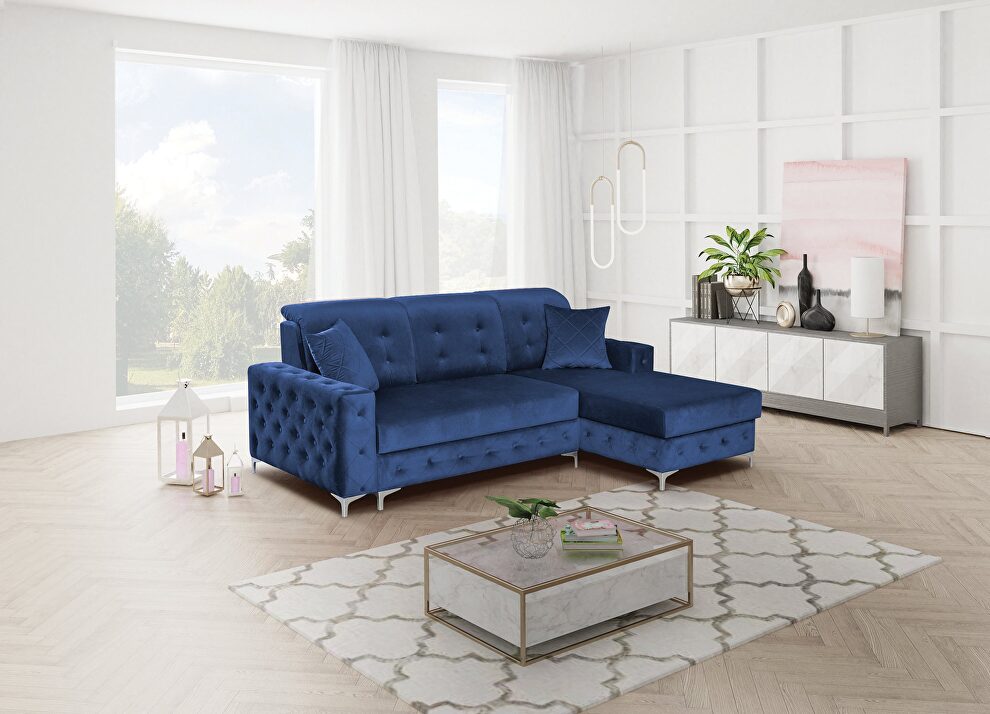 Tufted button design sleeper blue sectional sofa by Skyler Design