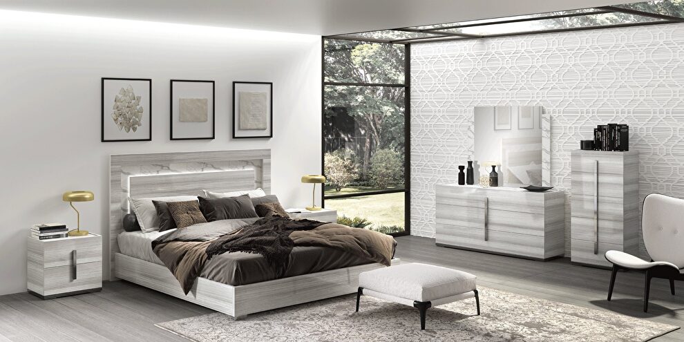 Contemporary European gray king bed w/ lights in headboard by Status Italy