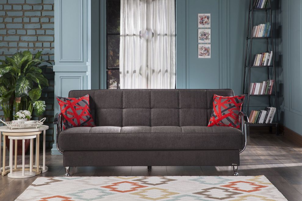 Black fabric sofa bed w/ storage and chrome arms by Istikbal