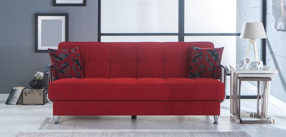 Red fabric sofa bed w/ storage and chrome arms by Istikbal