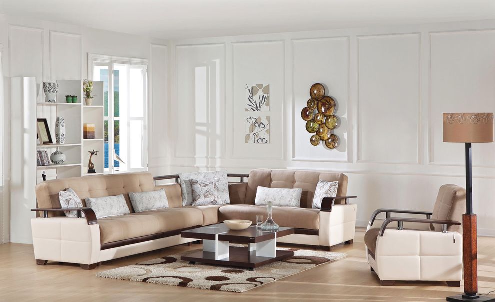 Modern sleeper sofa sectional w/ storage in lt brown & cream by Istikbal