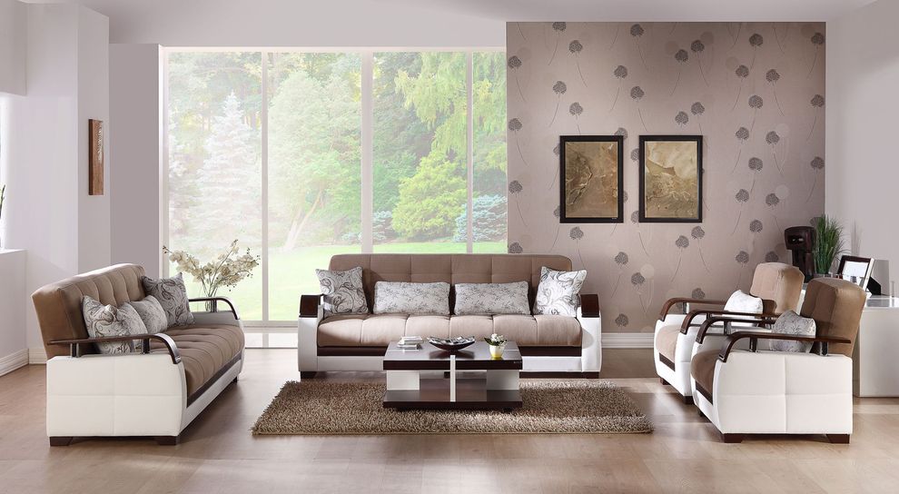 Modern lt brown fabric / cream pu sleeper sofa w/ storage by Istikbal