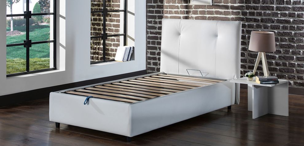 Storage twin bed for kids in white pu leather by Istikbal