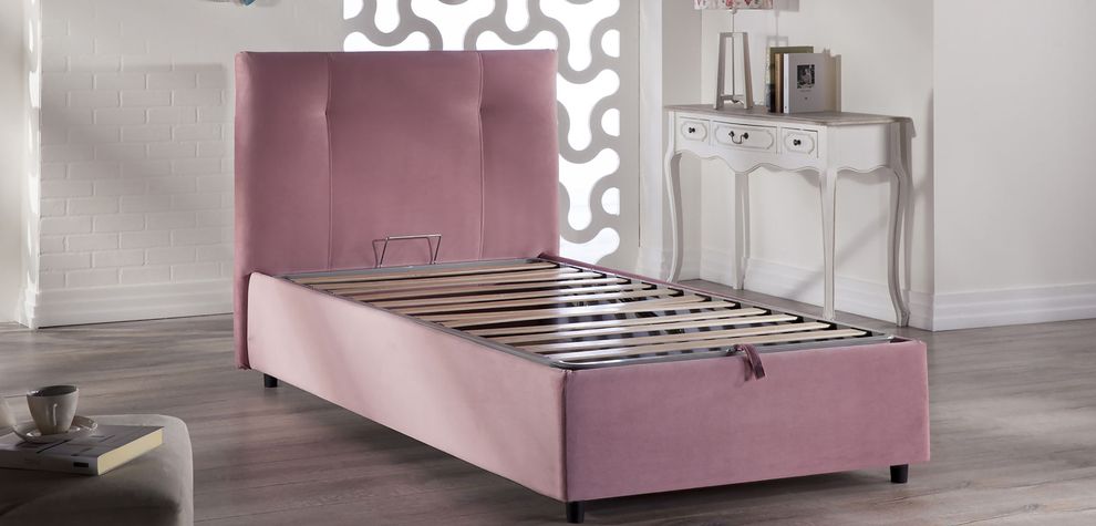 Storage twin bed for kids in pink fabric by Istikbal