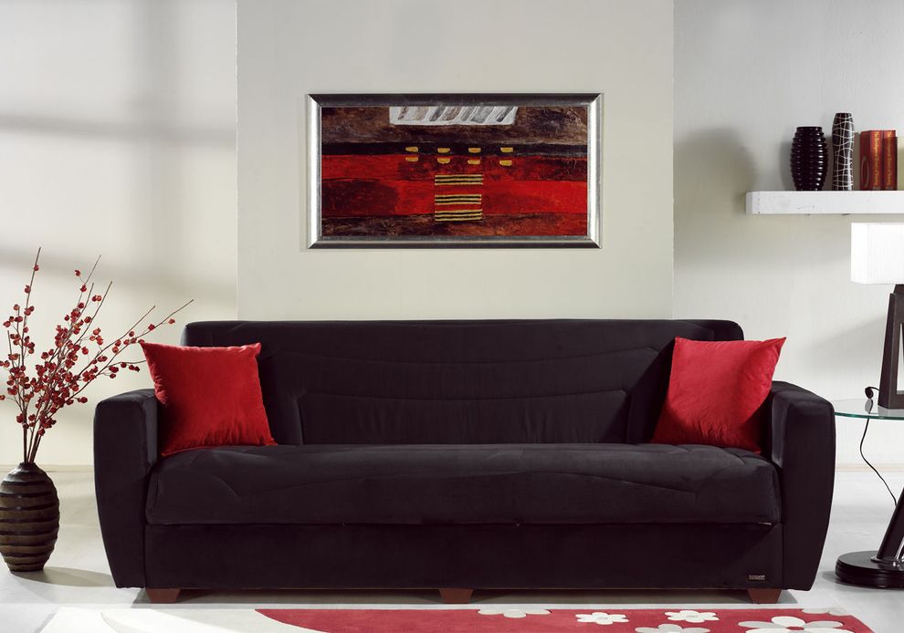 Storage sleeper sofa / sofa bed in black microfiber by Istikbal