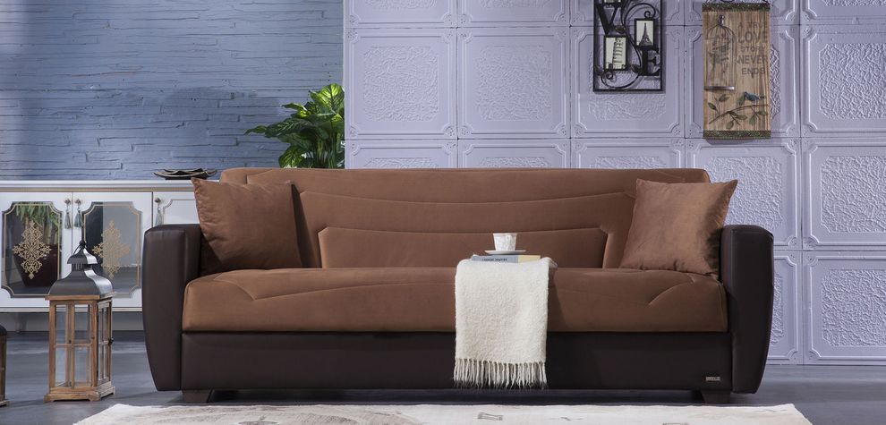 Storage sleeper sofa / sofa bed in brown microfiber by Istikbal