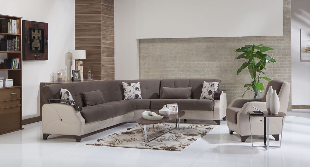 Cream/brown reversible sectional sofa w/ storage by Istikbal