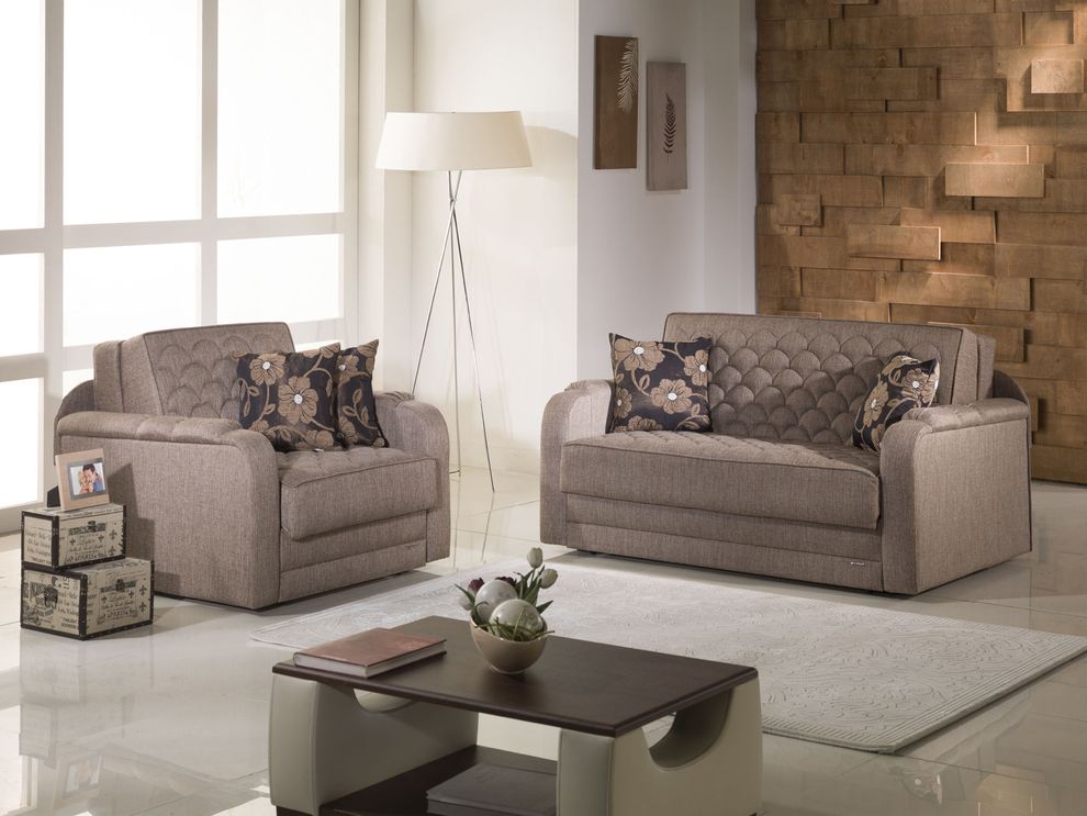 Pull-out loveseat sofabed in light brown fabric by Istikbal