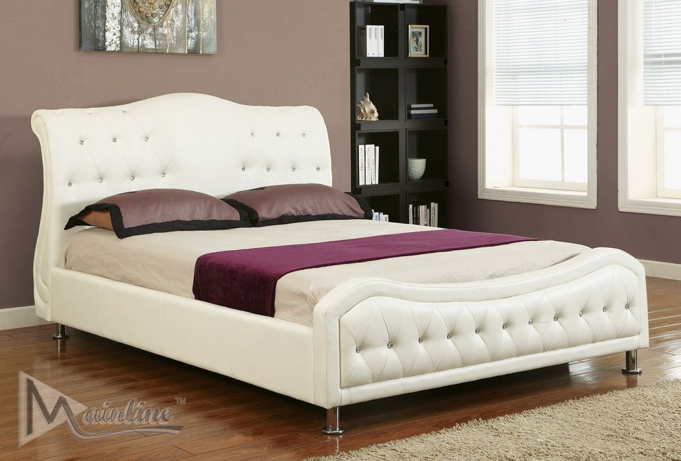 White leatherette tufted headboard platform bed by Mainline