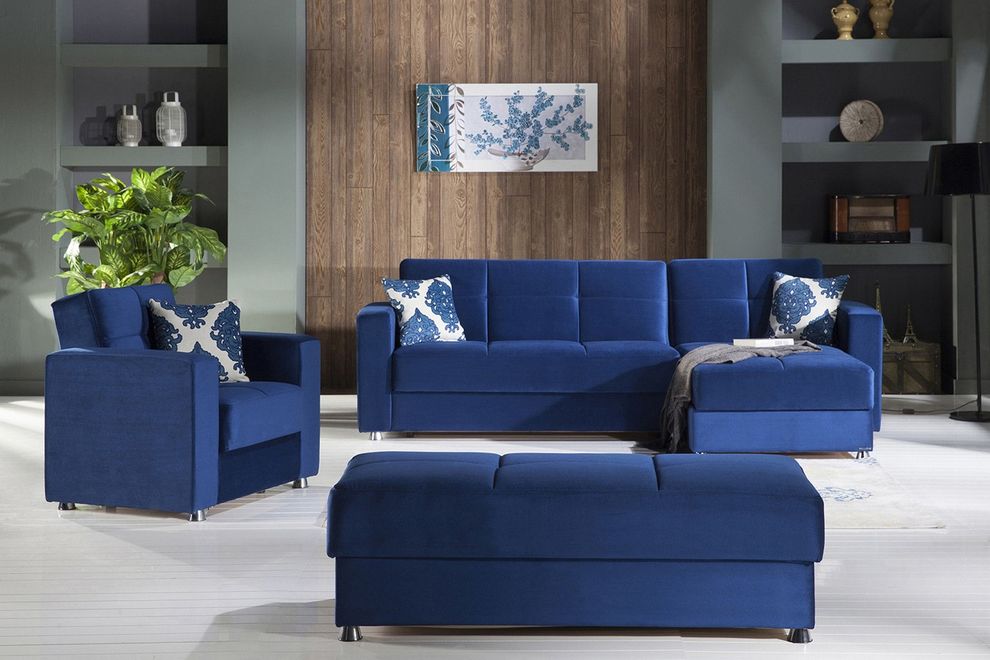 Blue microfiber sectional + chair + ottoman set by Istikbal