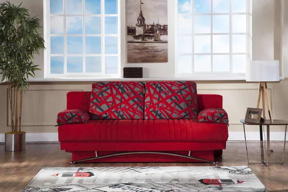 Red fabric storage queen size sofa bed by Istikbal