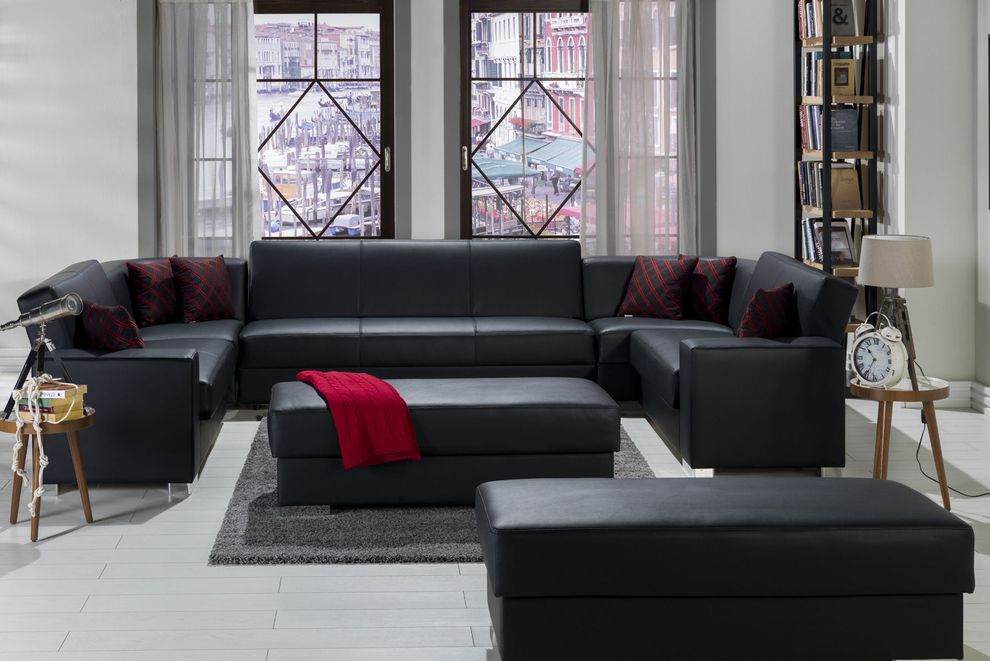 Modular 5pcs sectional sofa in black pu leather by Istikbal