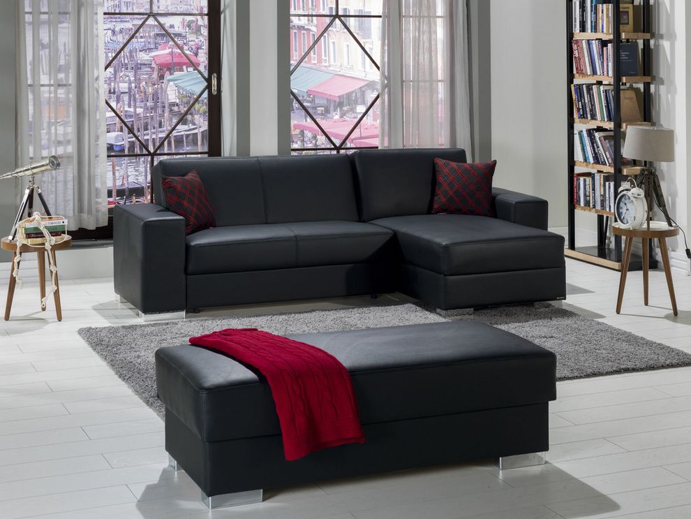 Modular 2pcs sectional sofa in black pu leather by Istikbal