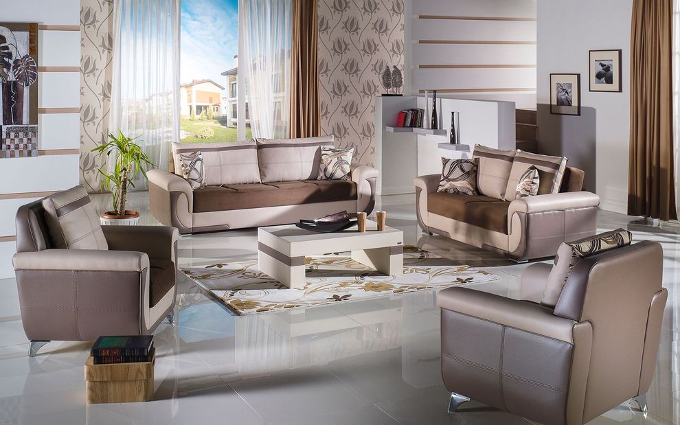 Microfiber/bonded light brown fabric storage sofa by Istikbal