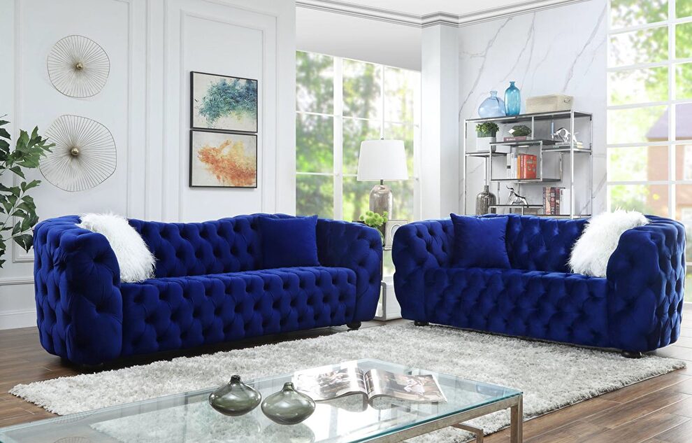 Glam style low profile sofa + loveseat set by Velvet Imports