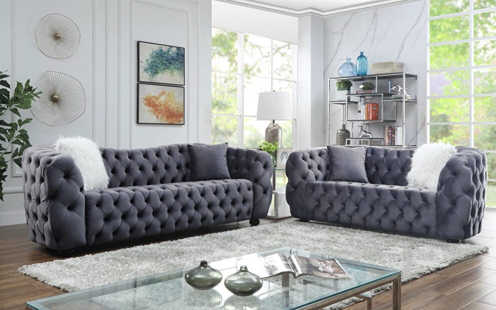 Glam style low profile sofa + loveseat set by Velvet Imports