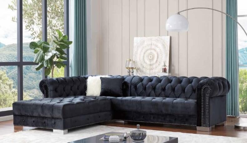 Black contemporary velvet fabric sectional by Velvet Imports