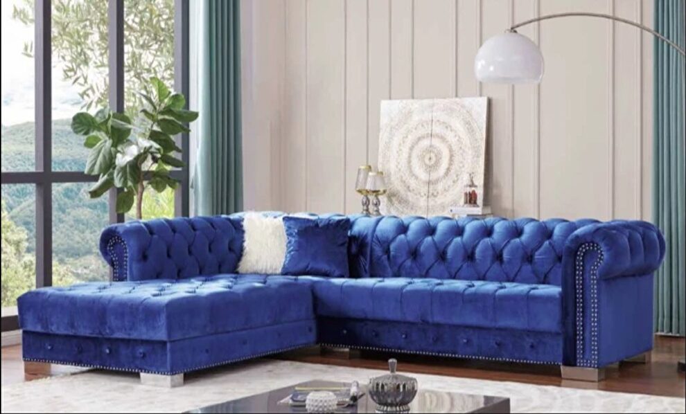 Blue contemporary velvet fabric sectional by Velvet Imports