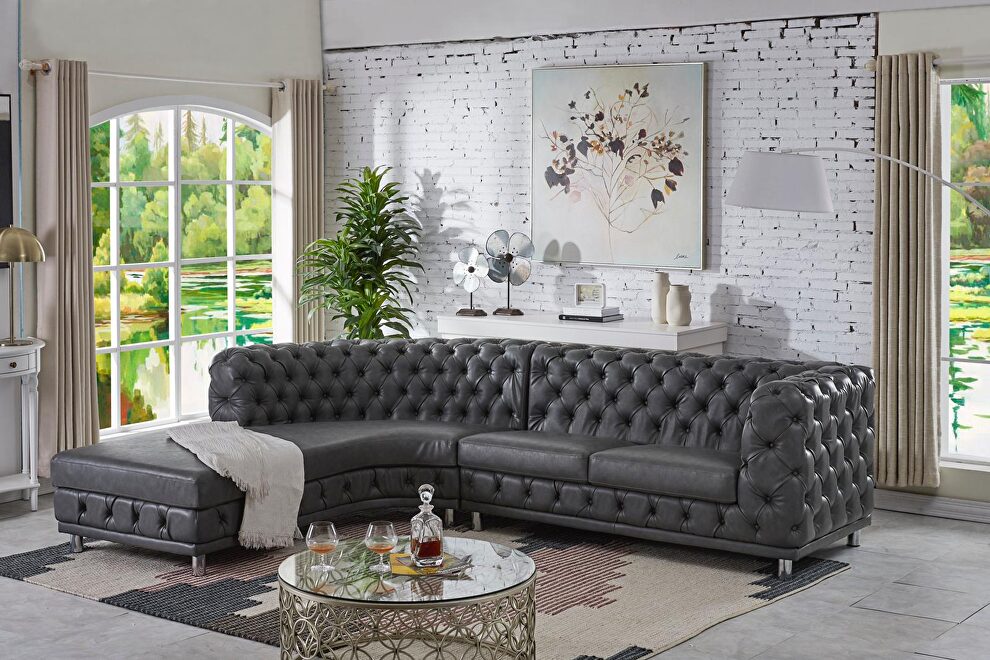 Gray leather 2pcs left-facing glam style sectional by Velvet Imports
