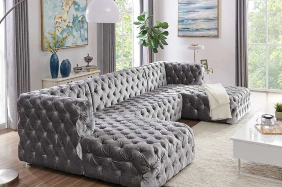 Gray velvet 3pcs oversized sectional sofa by Velvet Imports