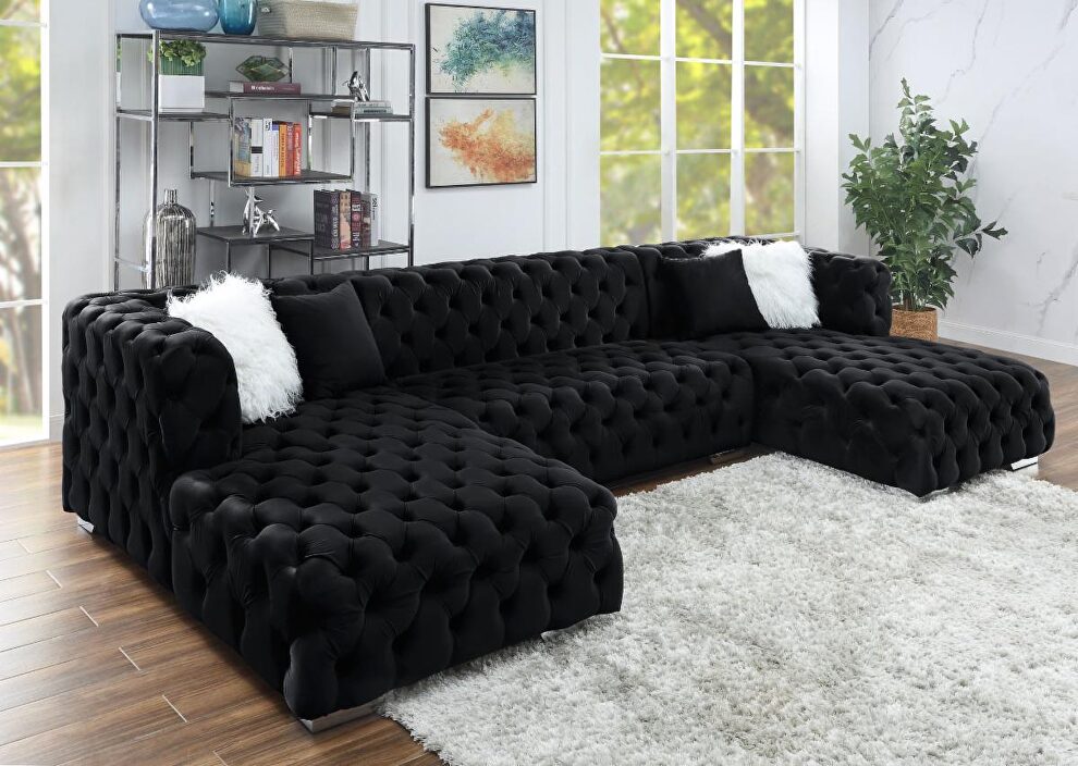 Black velvet 3pcs oversized sectional sofa by Velvet Imports