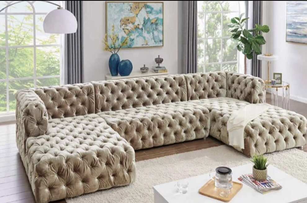 Beige velvet 3pcs oversized sectional sofa by Velvet Imports