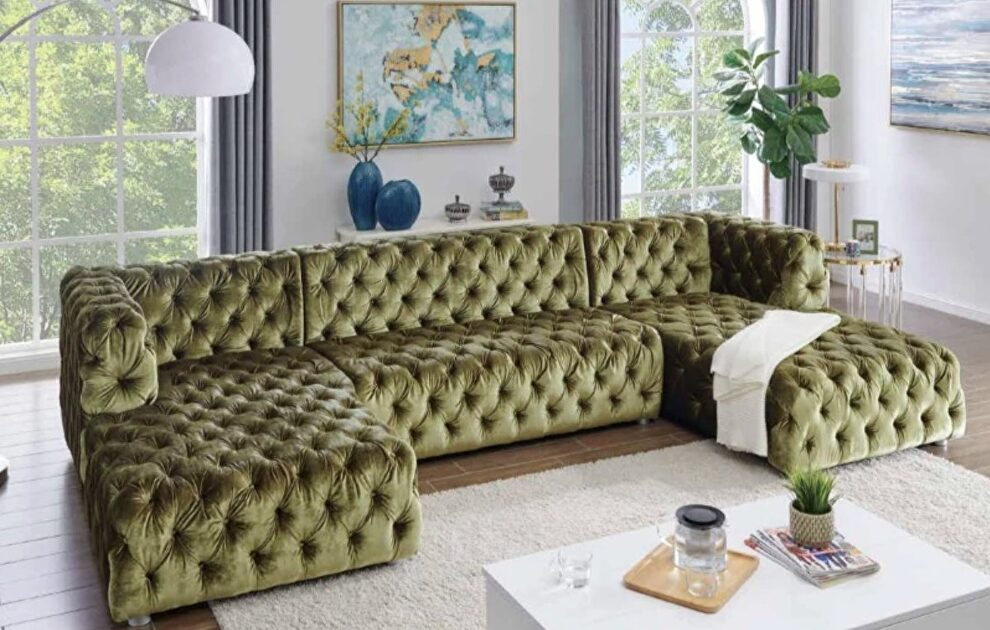 Olive green velvet 3pcs oversized sectional sofa by Velvet Imports