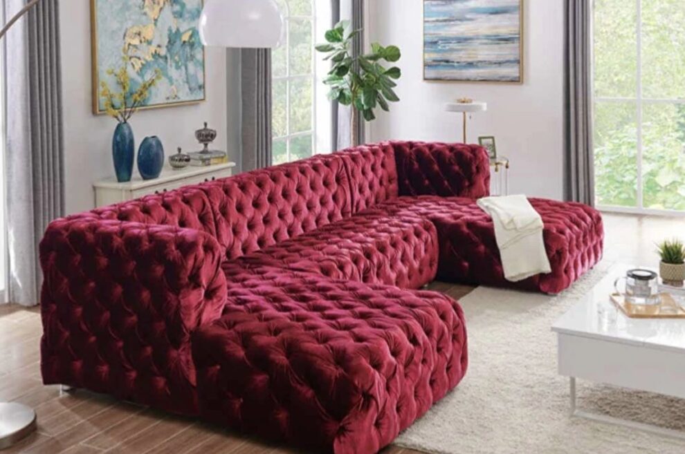 Burgundy velvet 3pcs oversized sectional sofa by Velvet Imports