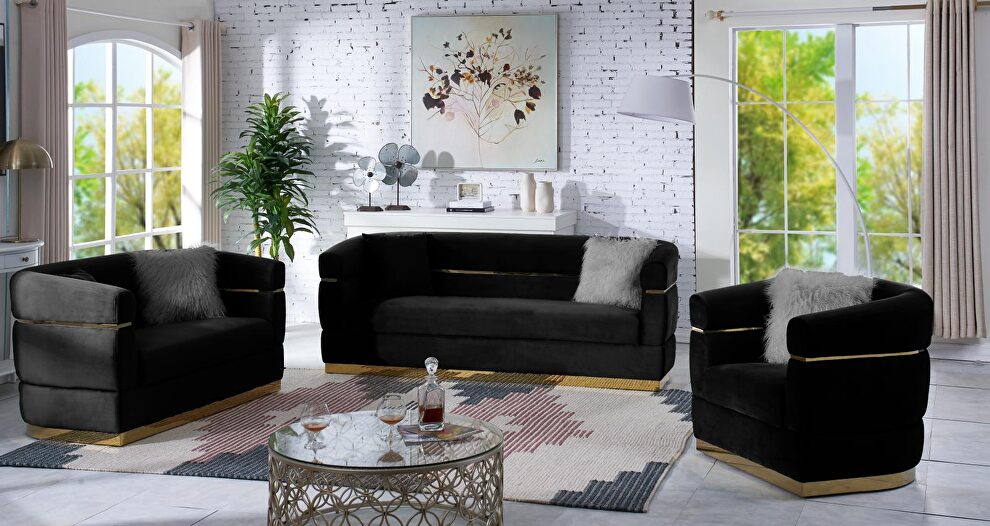 Black velvet / gold trim contemporary style living room set by Velvet Imports