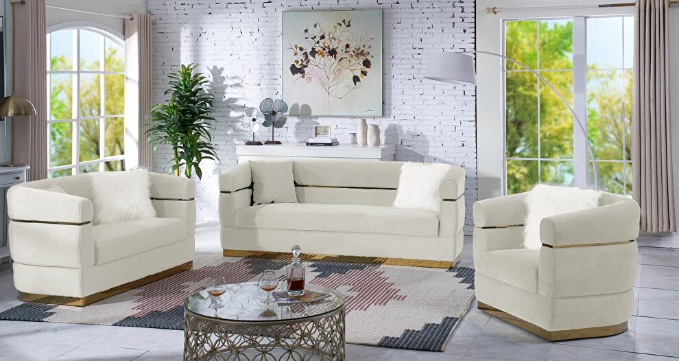Beige velvet / gold trim contemporary style living room set by Velvet Imports