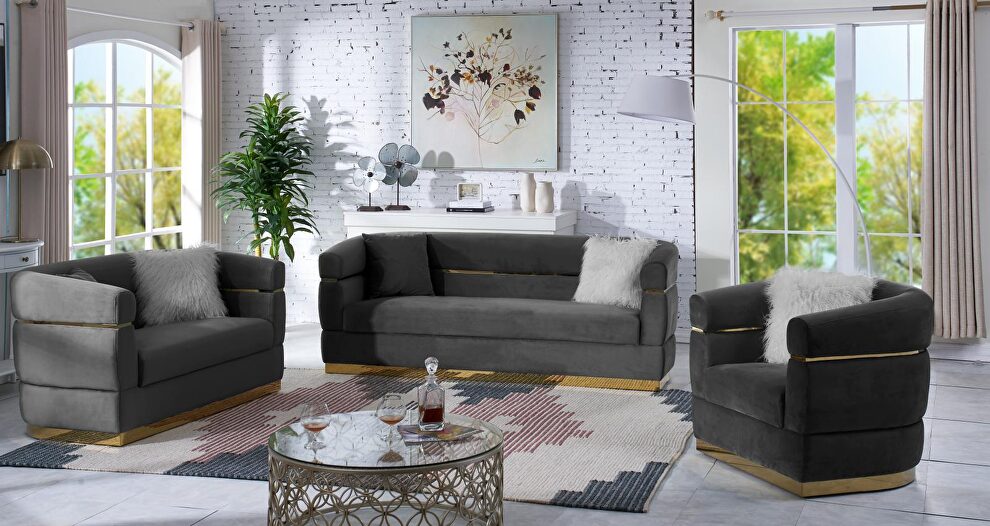 Gray velvet / gold trim contemporary style living room set by Velvet Imports