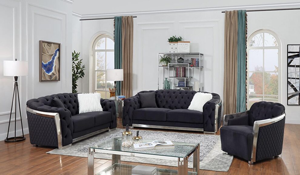 Silver trim glam style living room set in black velvet by Velvet Imports