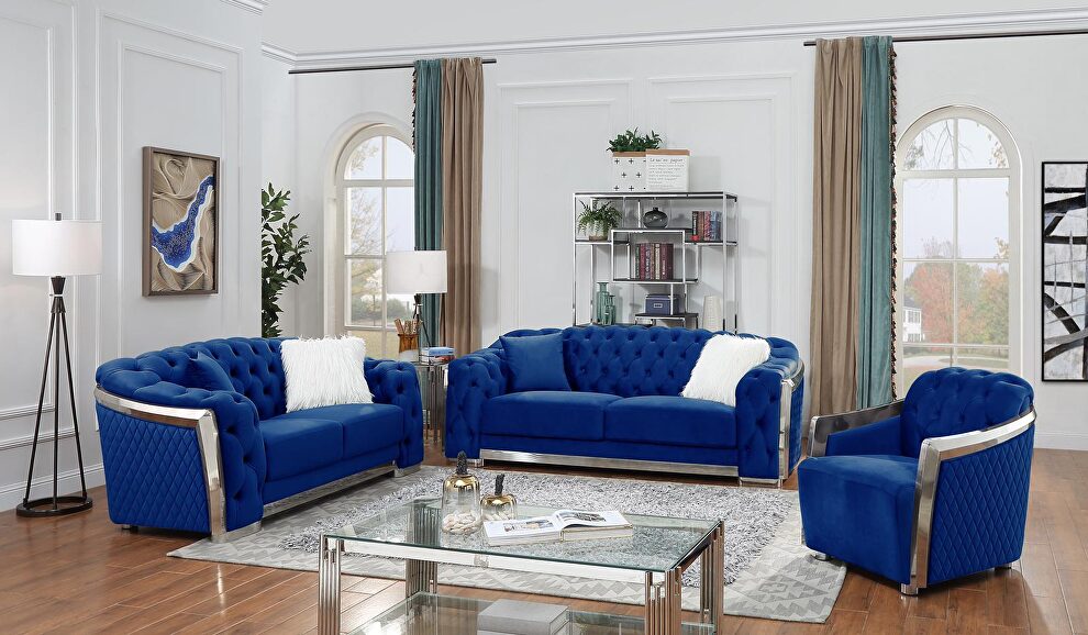Silver trim glam style living room set in blue velvet by Velvet Imports