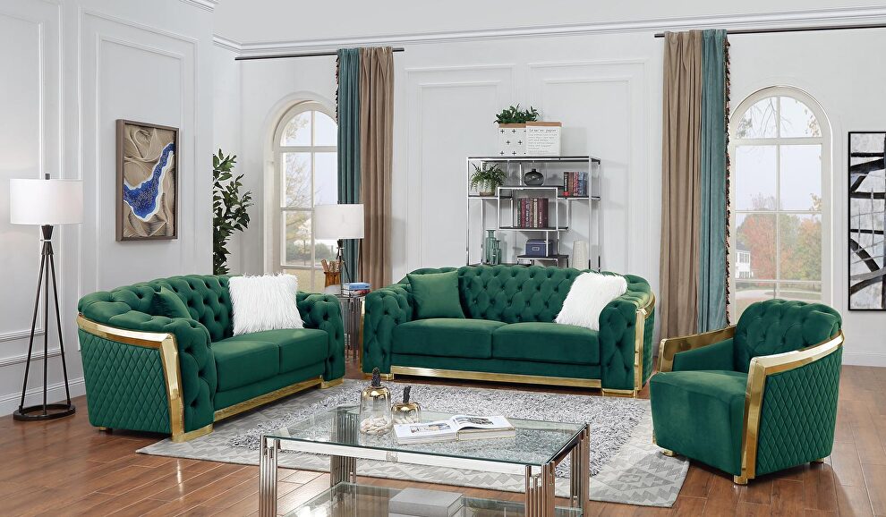 Gold trim glam style living room set in green velvet by Velvet Imports