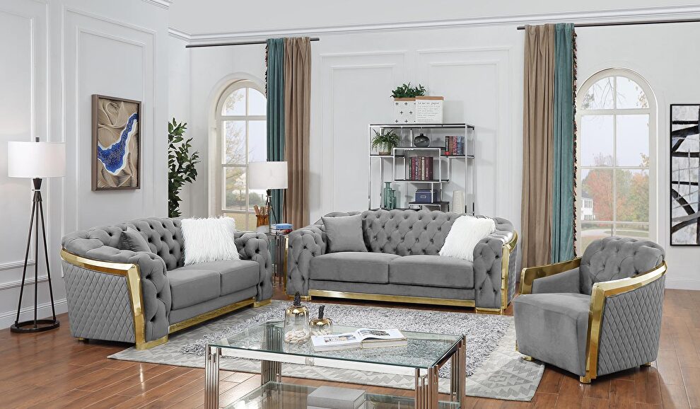 Gold trim glam style living room set in gray velvet by Velvet Imports
