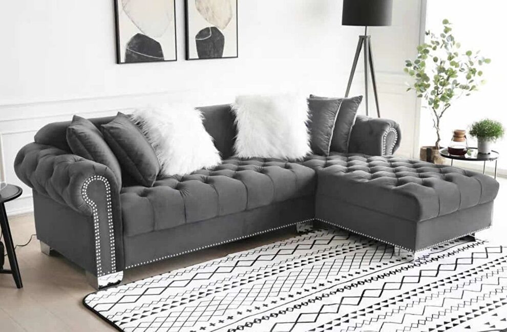 Gray velvet sectional sofa in right-facing rotation by Velvet Imports
