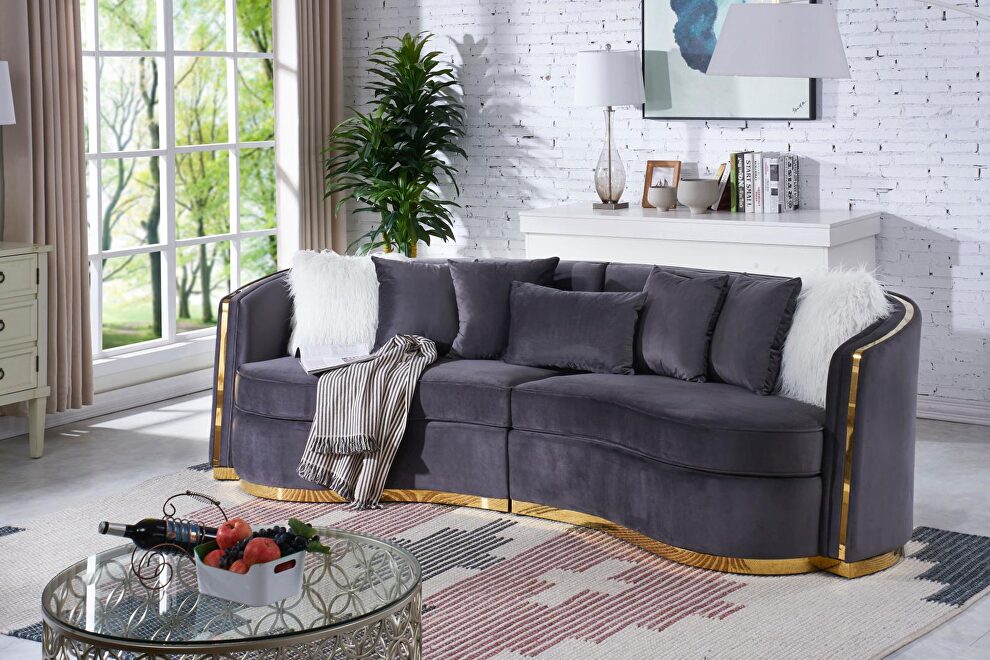2pcs gray velvet fabric / gold trim glam style sofa / sectional by Velvet Imports