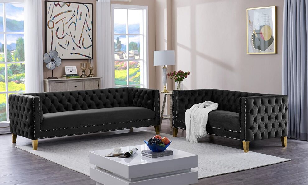 2pcs black velvet / gold legs living room set by Velvet Imports