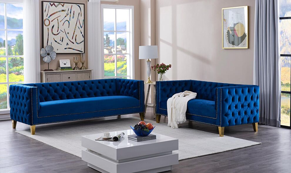 2pcs blue velvet / gold legs living room set by Velvet Imports