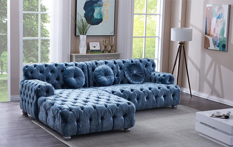 Glam style low profile blue velvet sectional by Velvet Imports