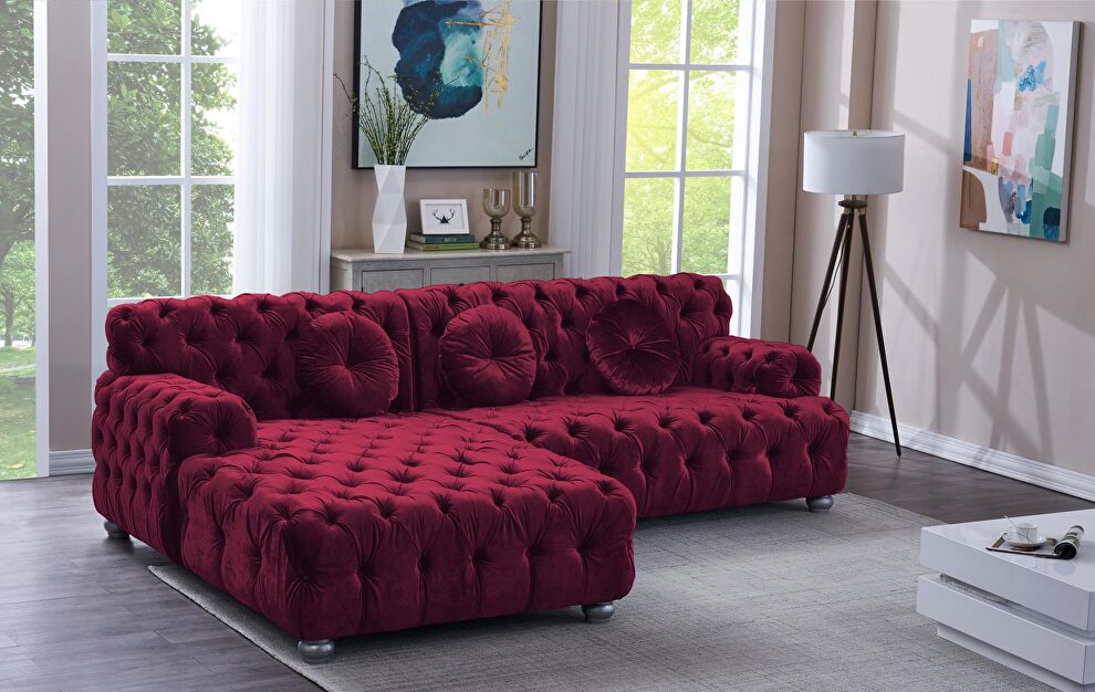 Glam style low profile burgundy velvet sectional by Velvet Imports