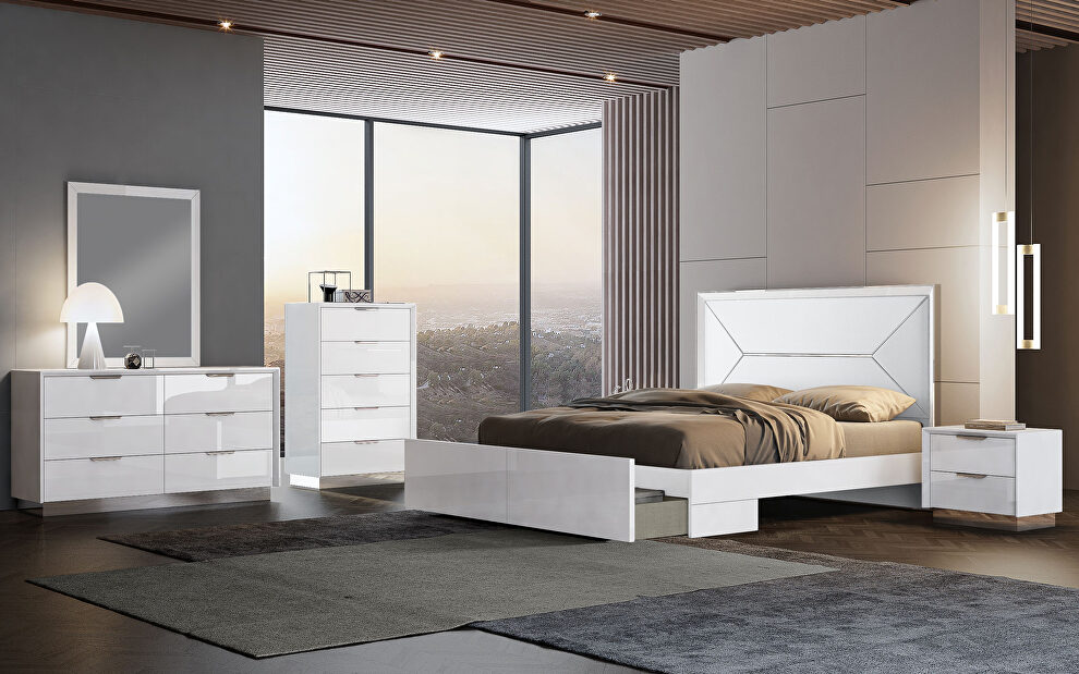 High gloss white and white faux leather headboard king bed by Whiteline 