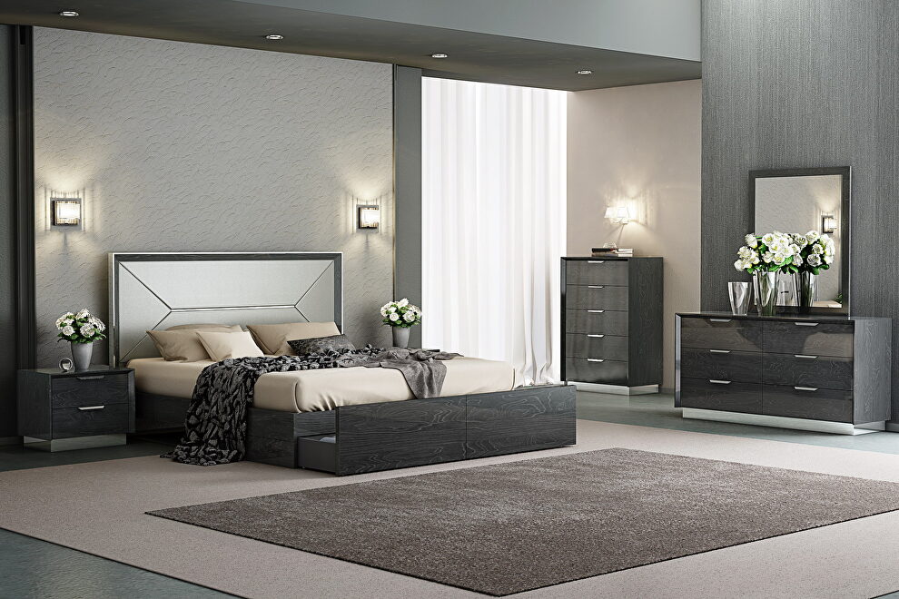 High gloss gray with taupe faux leather headboard king bed by Whiteline 