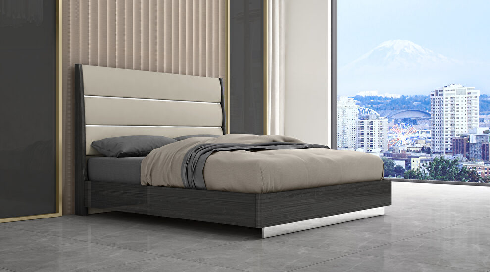 Light gray faux leather panels headboard king bed by Whiteline 