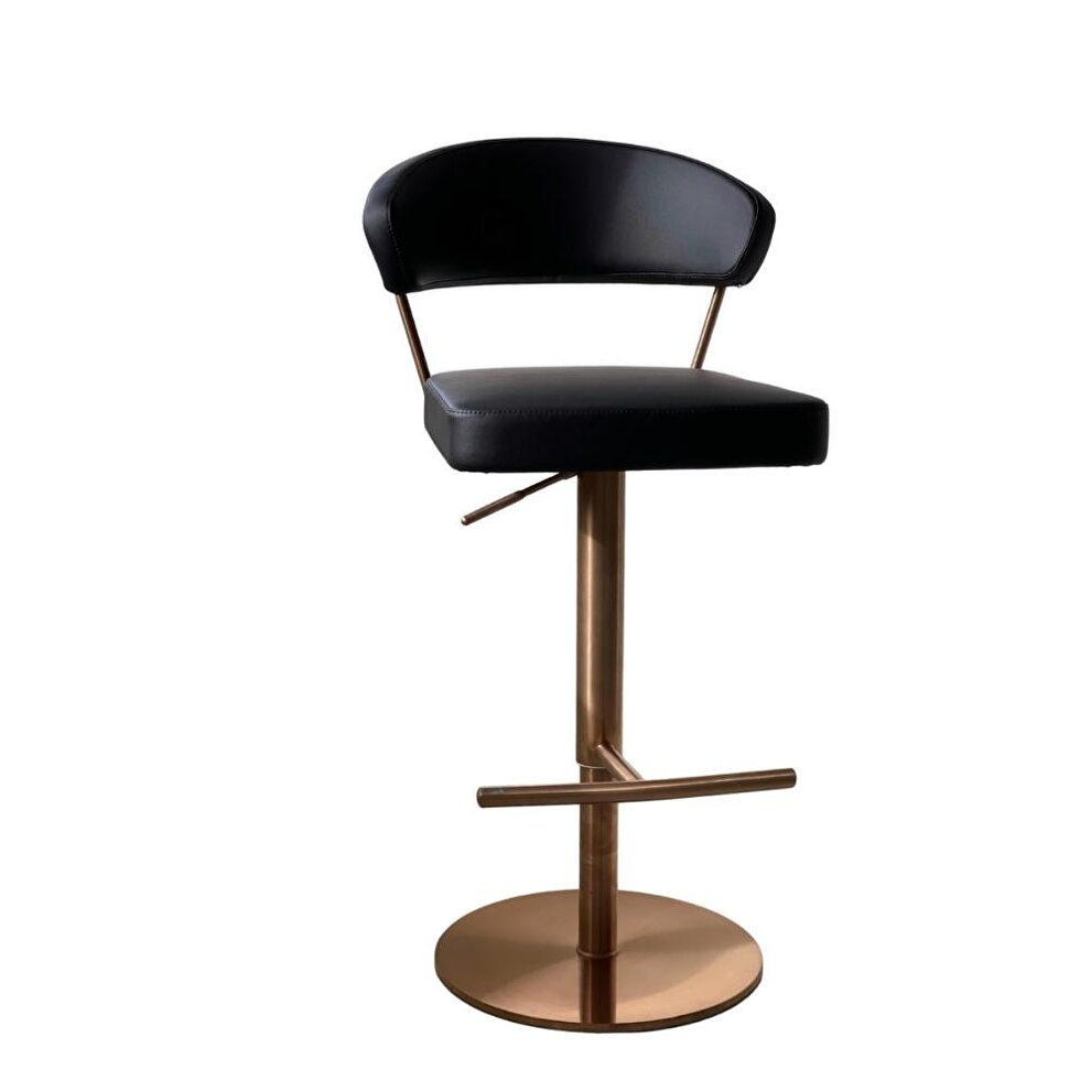 Black faux leather seat and round rose gold stainless steel base barstool by Whiteline 