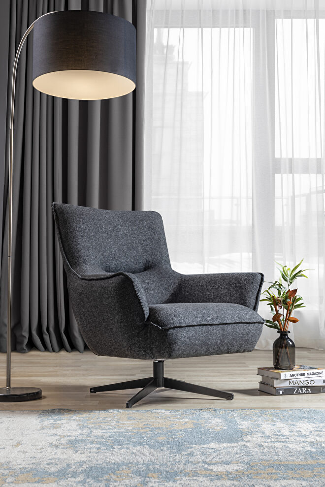 Luxurious dark gray linen fabric covering swivel chair by Whiteline 