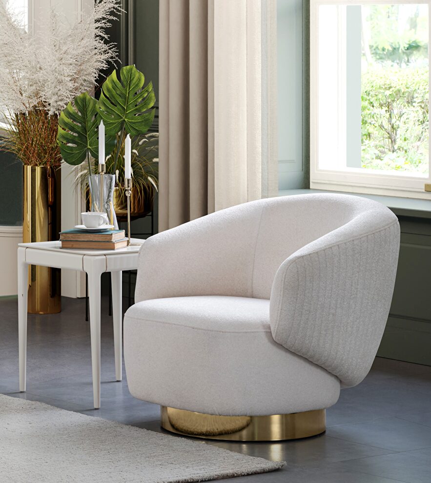 White feathered fabric upholstery swivel accent chair by Whiteline 
